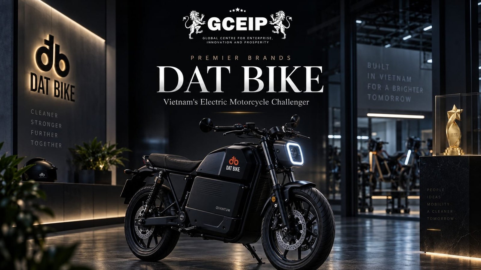 Dat Bike, the Vietnamese electric motorcycle company, in a GCEIP Premier Brands feature graphic showing an electric motorcycle in a showroom