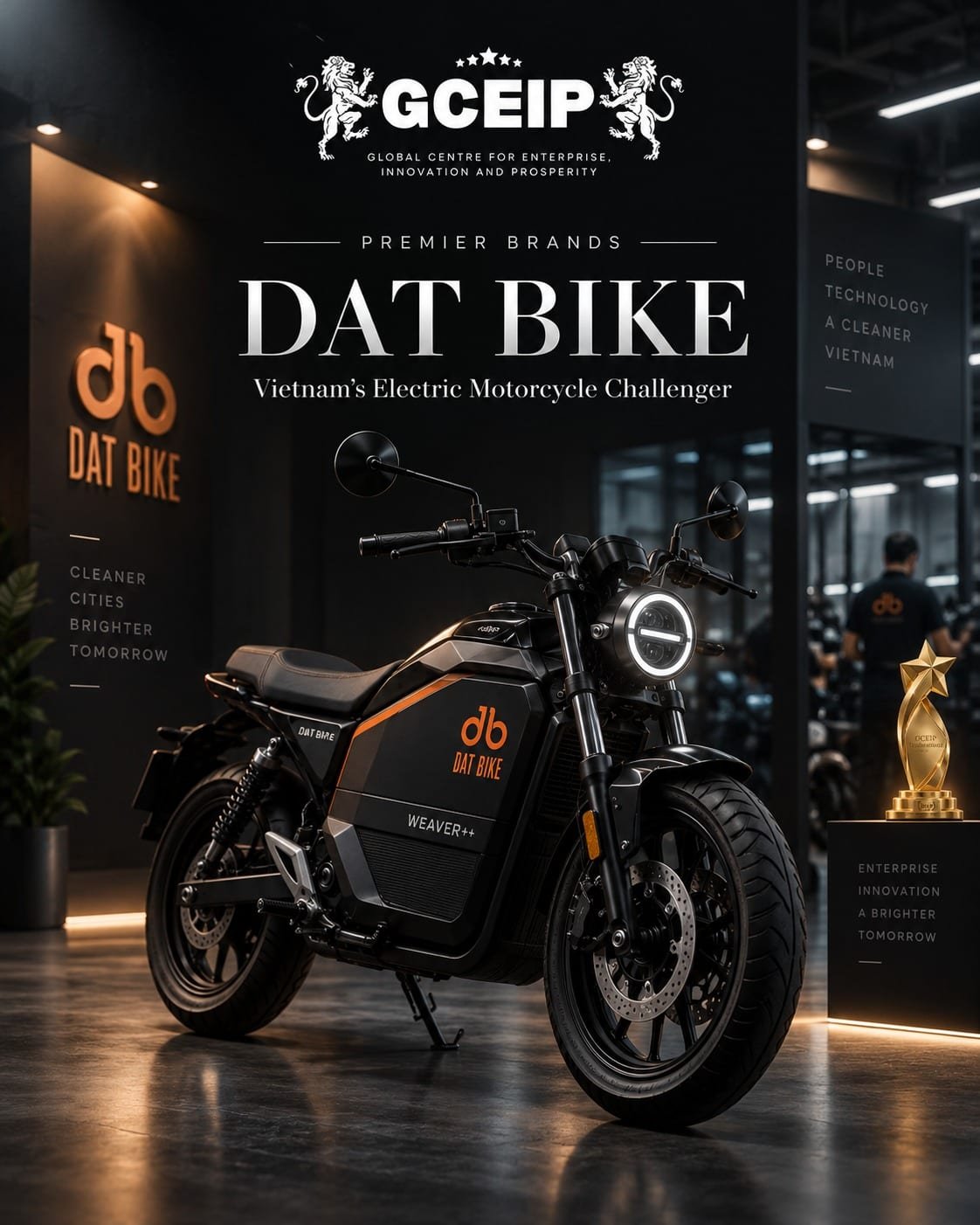 Dat Bike electric motorcycle in a GCEIP Premier Brands Enterprise Emerging 2026 graphic