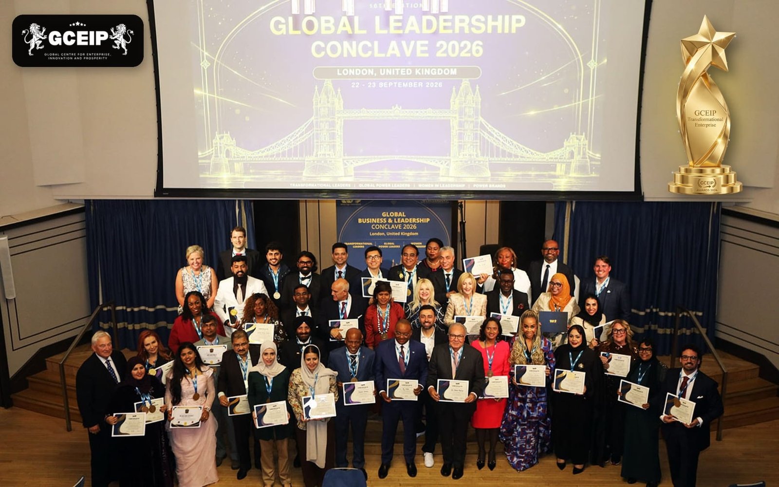 Honourees holding their certificates at the Global Business Conclave 2026, London