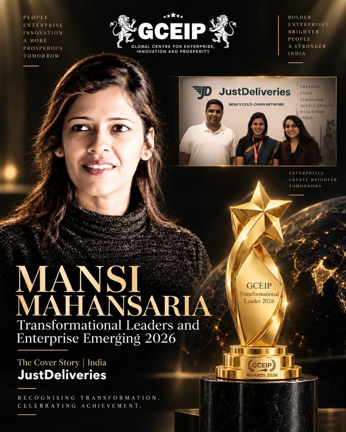 Mansi Mahansaria, founder and CEO of JustDeliveries, with colleagues, in a GCEIP Cover Story feature graphic