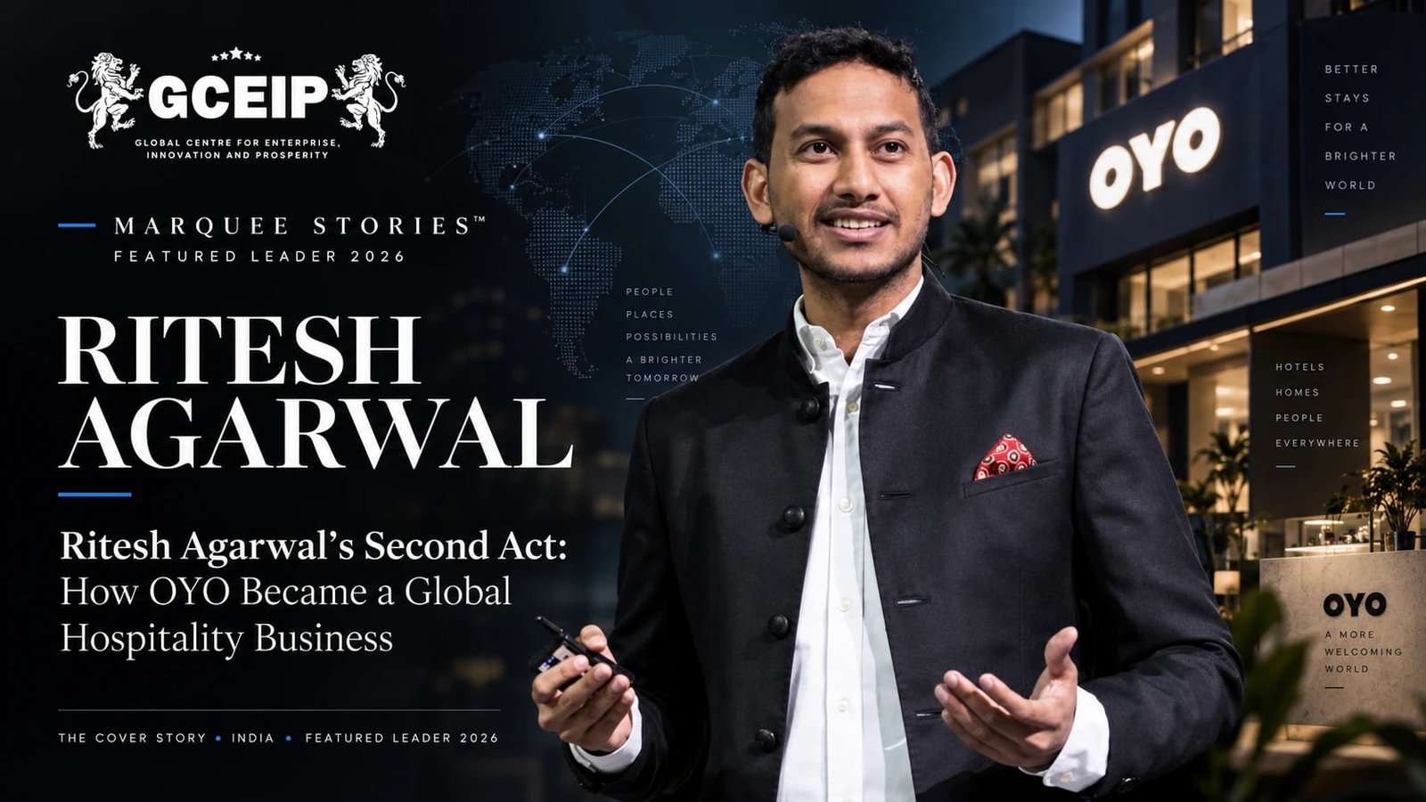 Ritesh Agarwal, founder of OYO and leader of PRISM, in a GCEIP Marquee Stories feature graphic